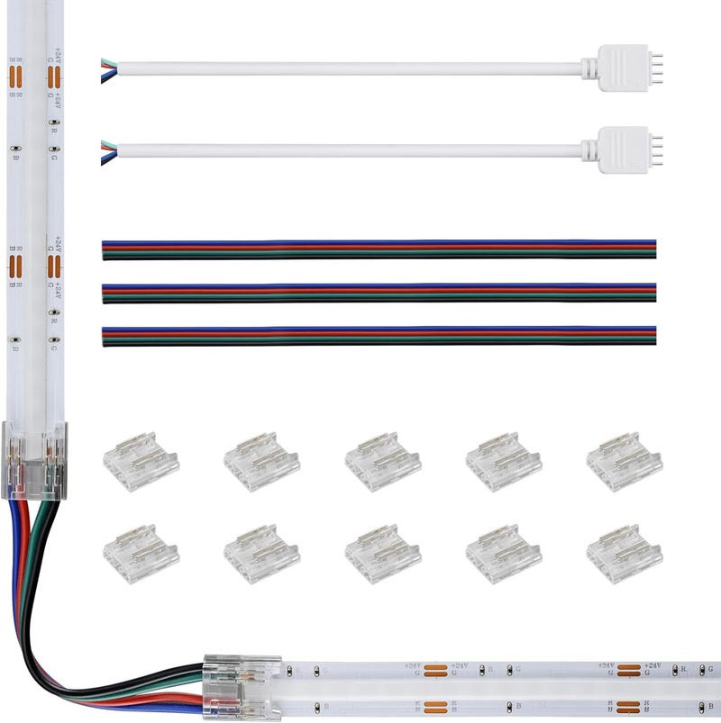Tatazone 10 قطع موصلات COB شفافة 4 دبابيس لأشرطة إضاءة RGB مع اتصال بدون لحام (10 مم-4 دبابيس-RGB-شريط إلى سلك) مع 5 قطع أسلاك بطول 15 سم - Image 1